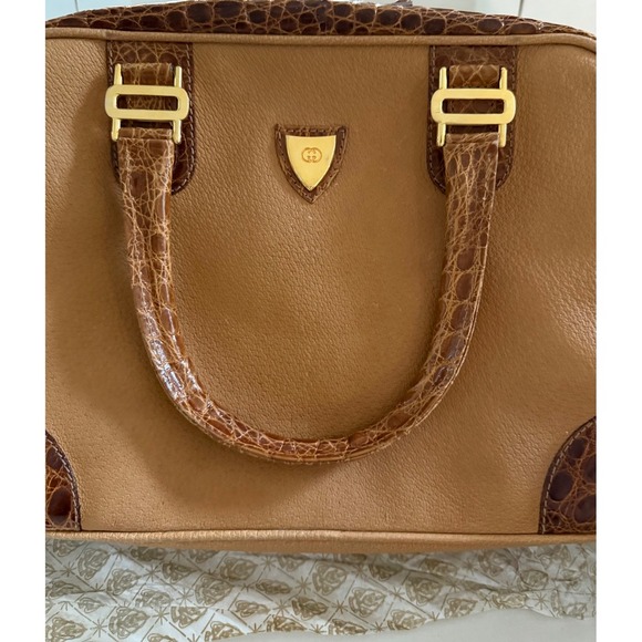 Vintage Gucci Top Handle Bag 1983 Collection Camel Leather & Croc-Embossed Trim - Picture 3 of 12